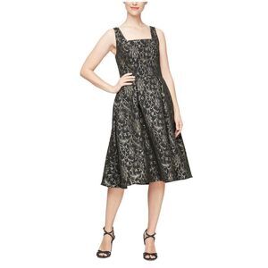 ALEX & EVE Womens Floral Square Neck A-line Dress, Metallic, NWT